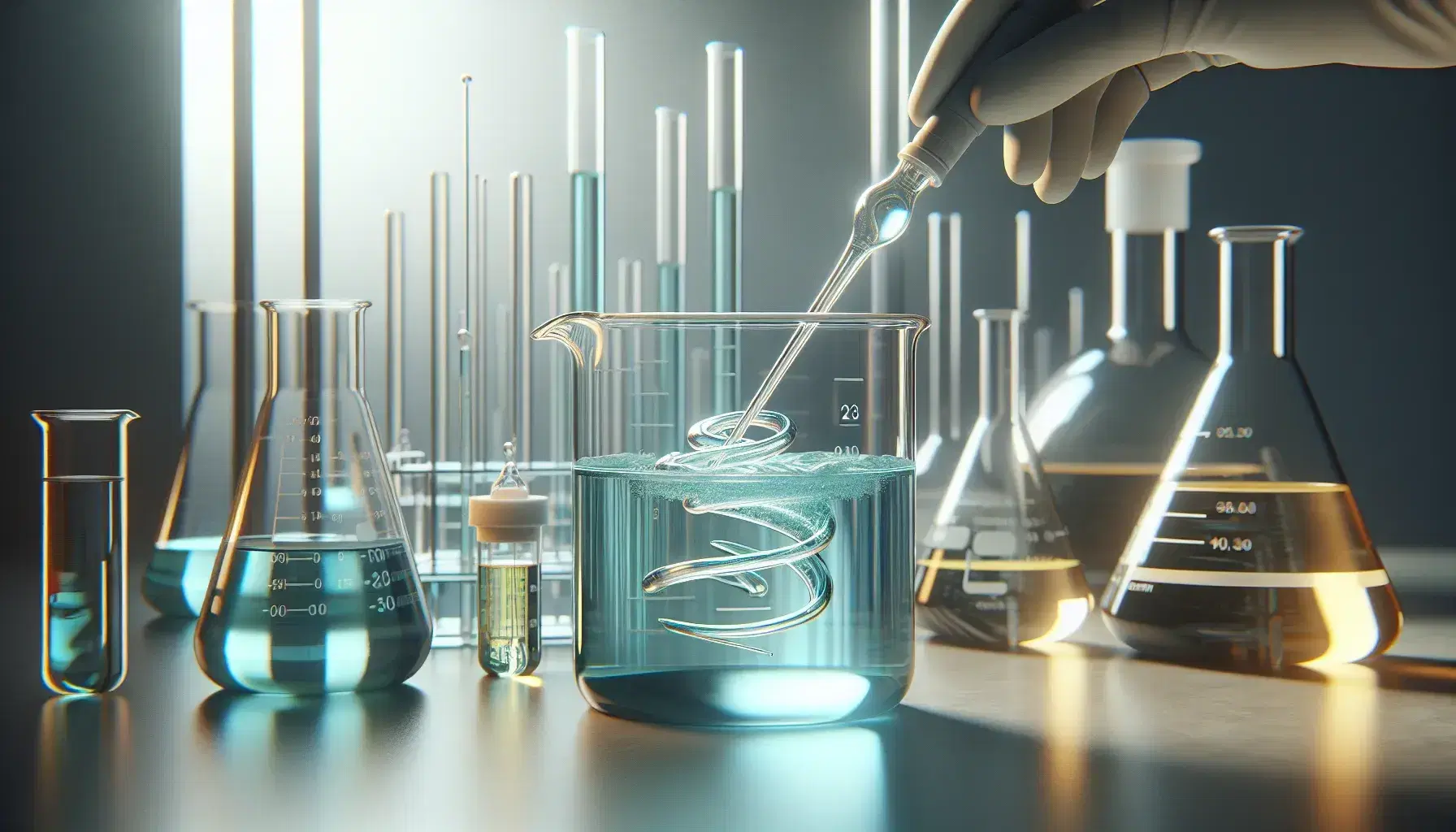 Glass beaker with light blue solution and stirring rod in laboratory, pipette ready to drip yellow reagent, background with various glassware.