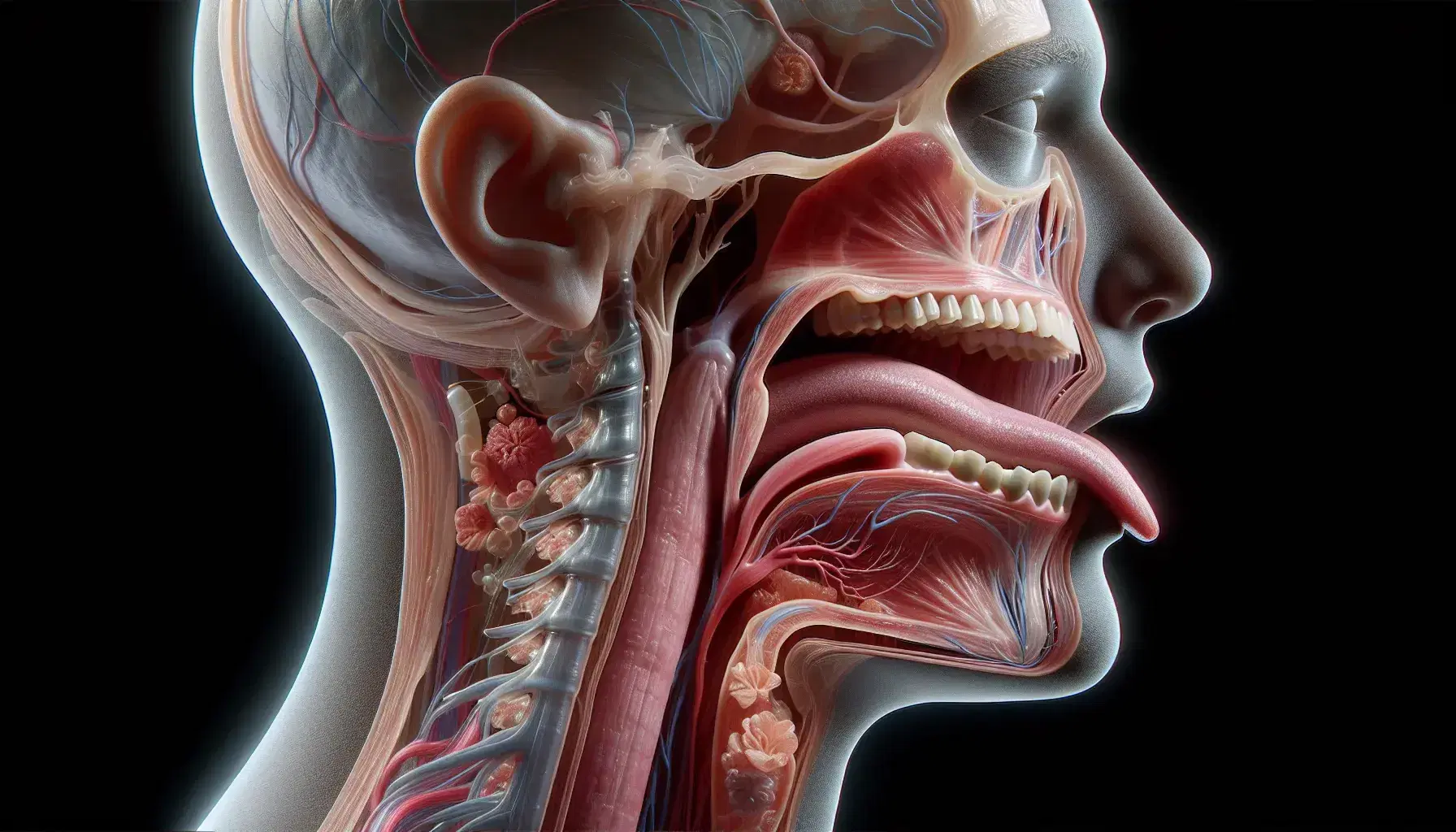 Vista lateral de una cabeza humana transparente mostrando la cavidad oral, dientes, lengua, faringe y esófago en tonos rosados y rojizos.