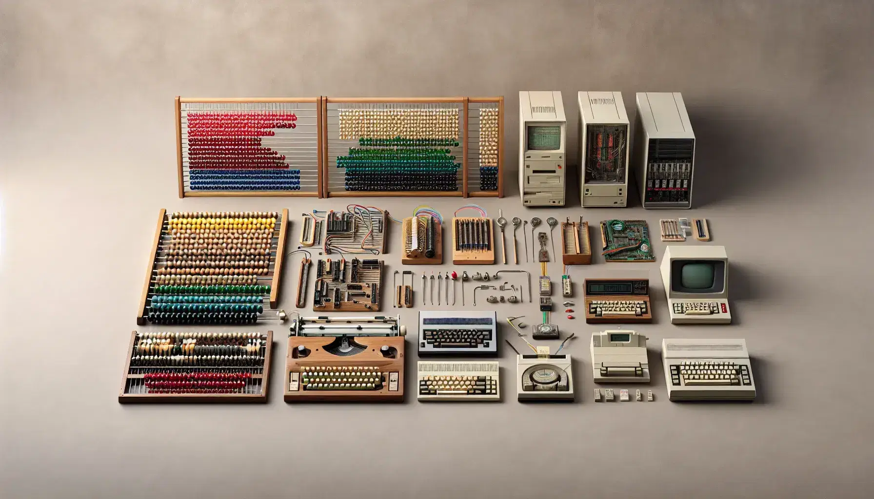Evolución de dispositivos de cómputo desde un ábaco de colores hasta una tableta moderna, pasando por regla de cálculo, máquina sumadora y computadoras de distintas generaciones.