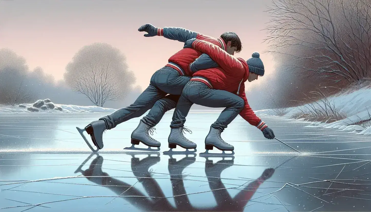 Two ice skaters on a frozen pond, one in red pushing off the other in blue, with snow-covered banks and leafless trees in a pastel dawn or dusk sky.