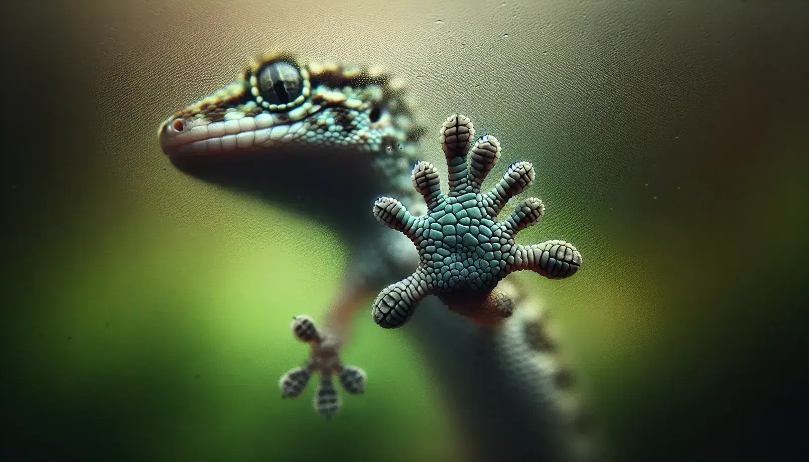 Close up of a gecko's foot on glass, with visible setae and natural blurred background in green and brown tones.