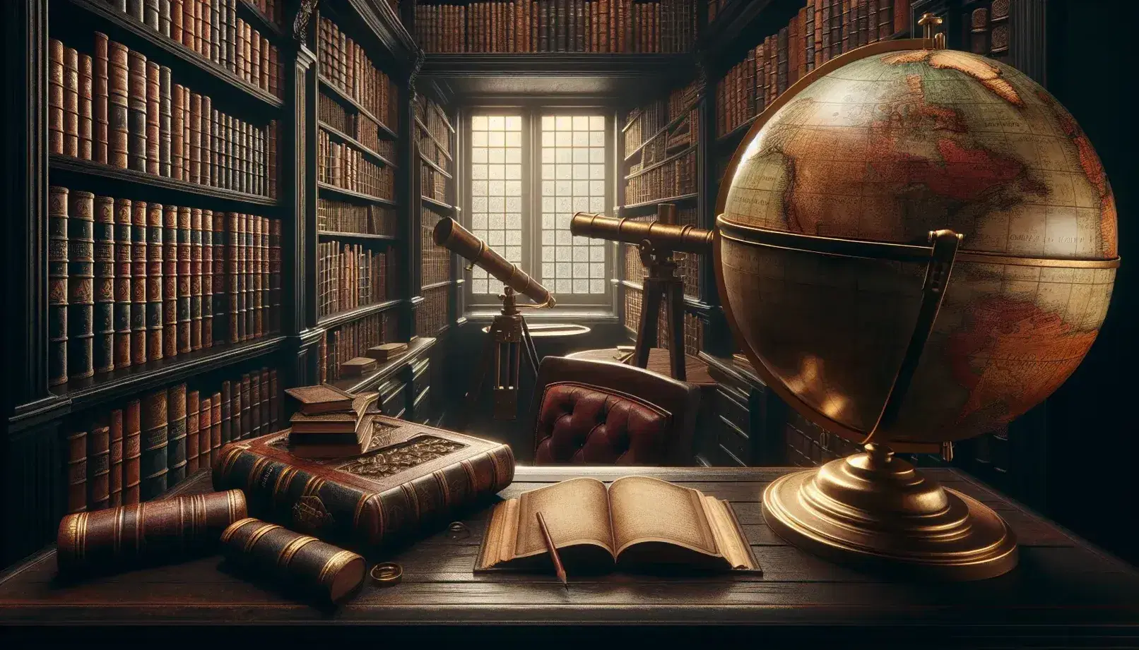 Biblioteca antigua con estantes de madera oscuros llenos de libros encuadernados en cuero, mesa con globo terráqueo antiguo y telescopio de latón, silla con cojín rojo y cuaderno abierto.