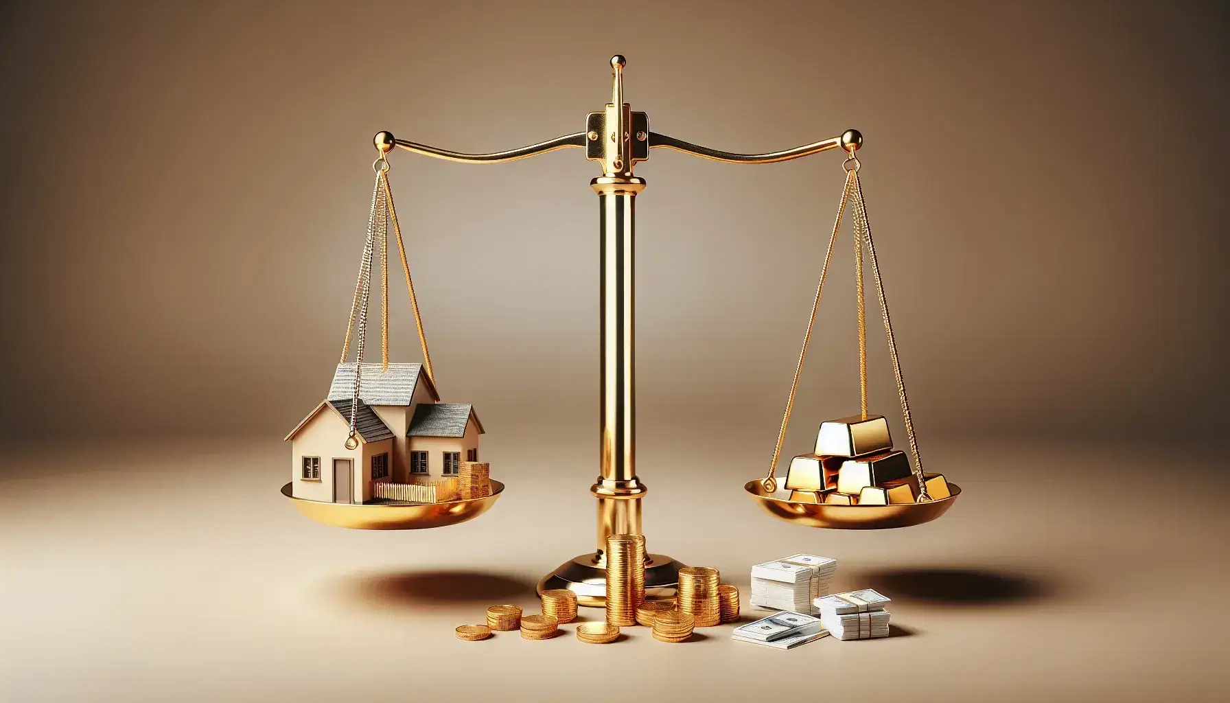 Balanced brass scale with miniature house, car model, and gold bars on one pan, and white coin and paper currency cutouts on the other against a soft gradient background.