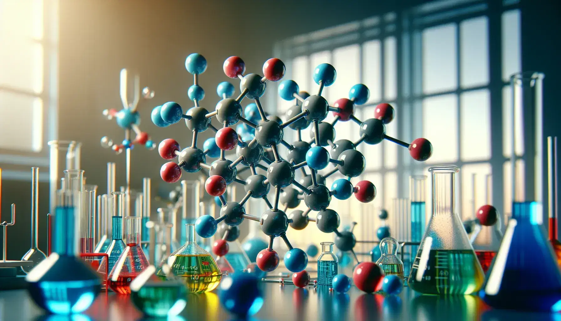 Modello molecolare con sfere blu e rosse collegate da aste grigie su sfondo sfocato di laboratorio con strumenti di vetro e liquidi colorati.