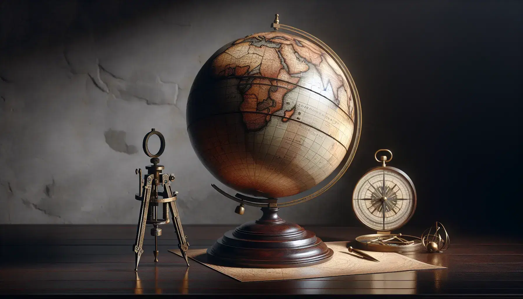 Mappamondo antico su supporto in legno scuro con strumenti di navigazione come bussola in ottone, astrolabio e telescopio, su sfondo di muro in pietra.