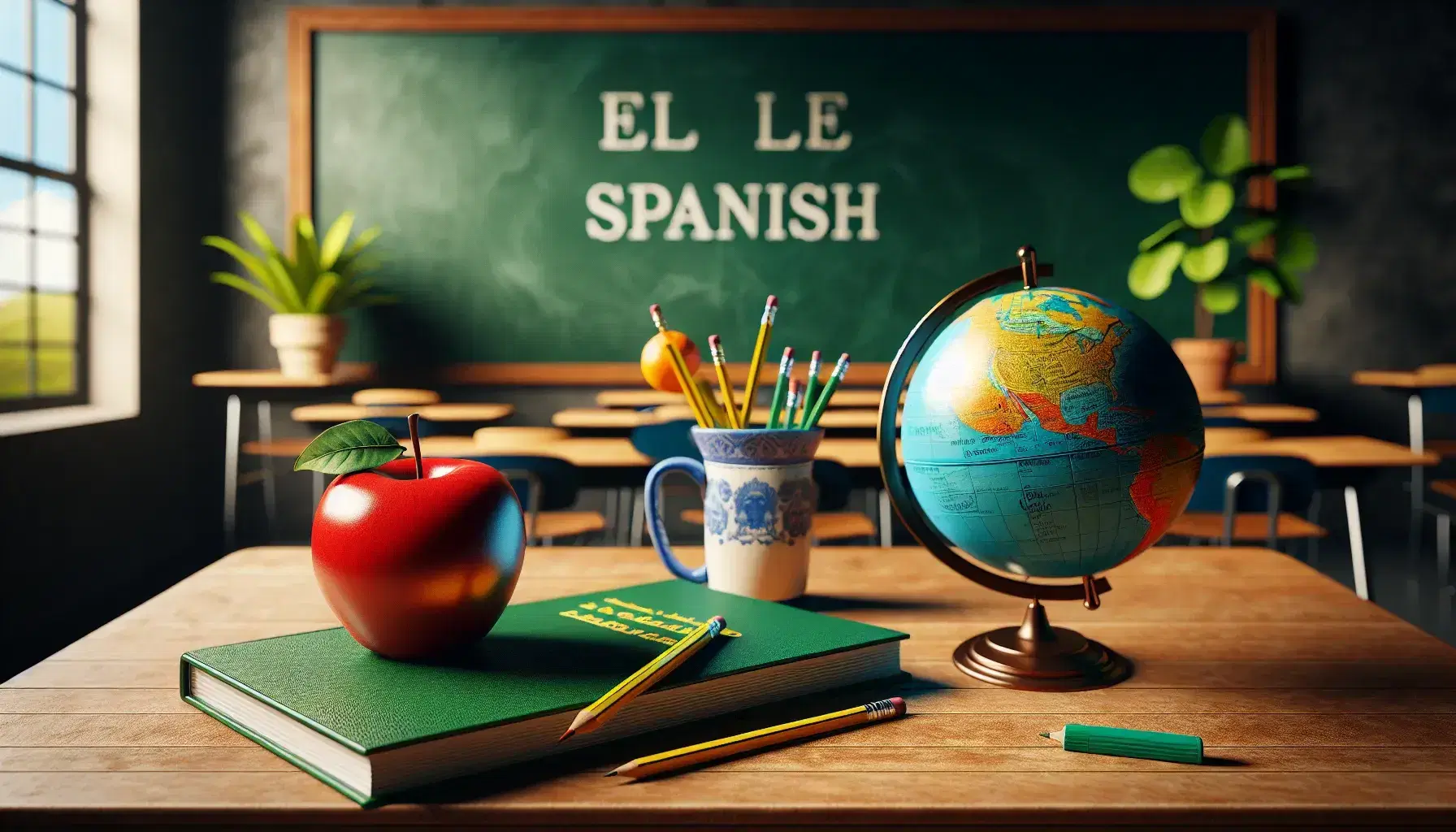 Bright Spanish classroom with a polished desk, red apple, mug with pencils, green textbook, orange, clean chalkboard, globe, potted plant, and empty student desks.