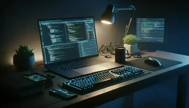 Scrivania in legno scuro con laptop aperto mostrante codice, occhiali, pianta, monitor spento, tastiera retroilluminata e mouse ergonomico.