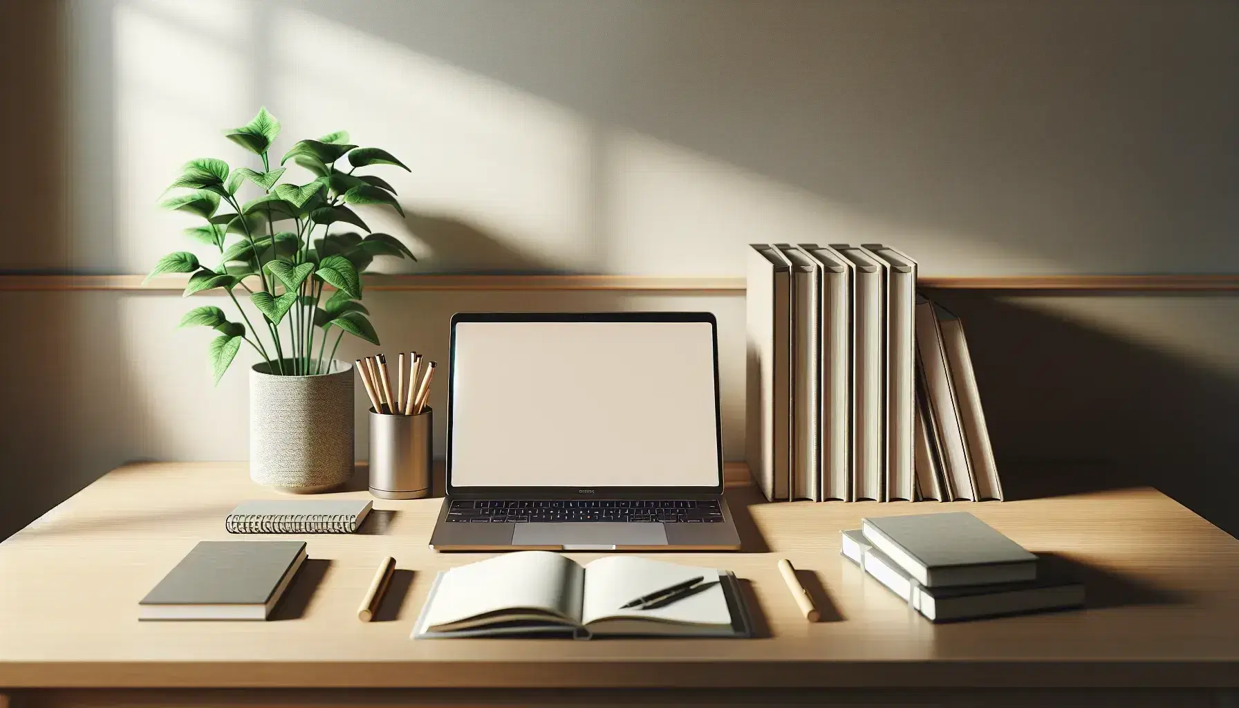 Organized study desk with open laptop, notepad, pen, potted plant, and stack of textbooks in a well-lit, minimalist room.