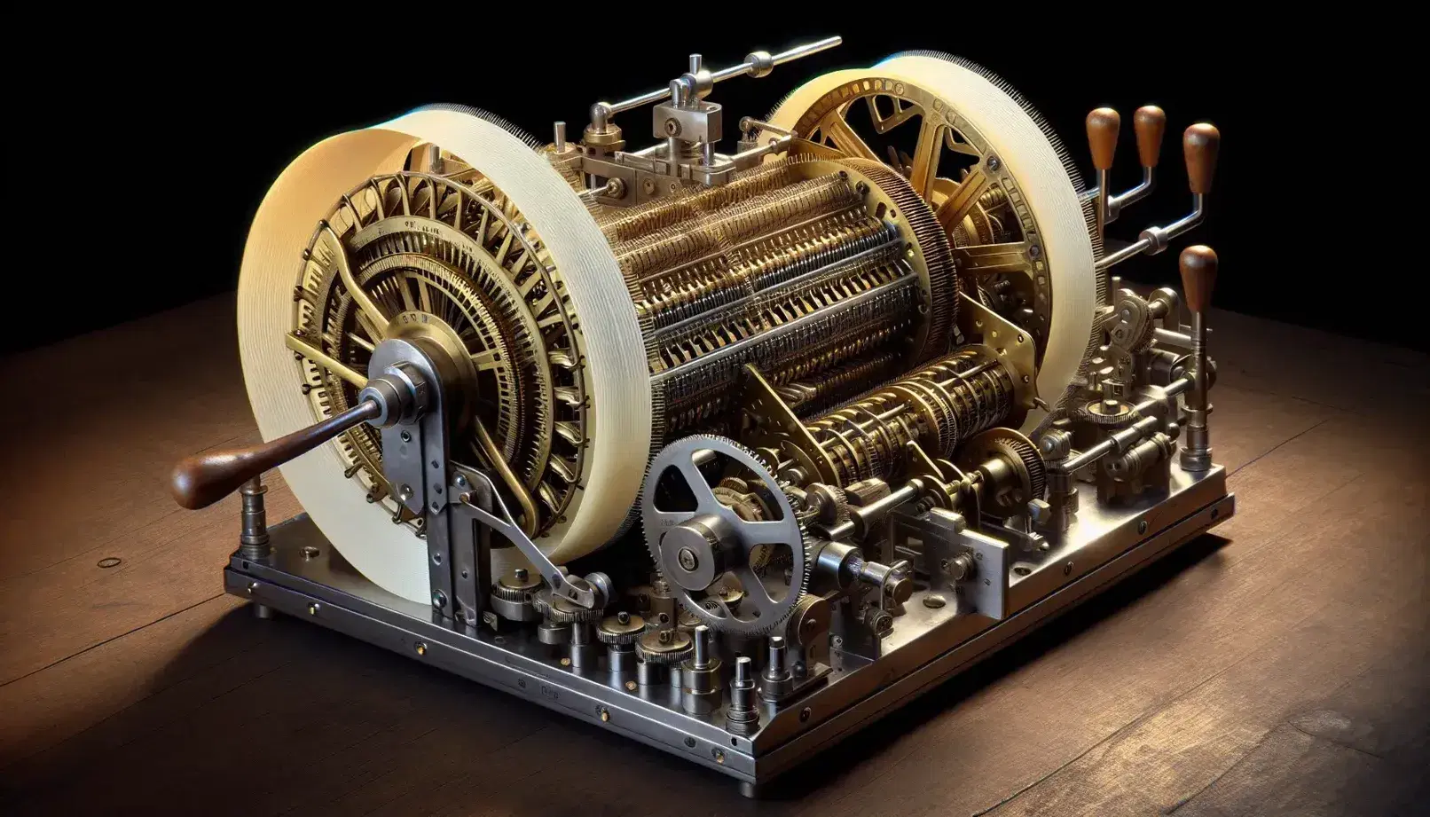 Vintage Turing machine with brass cylindrical drum, paper tape and wooden crank on dark table, mechanical details in the foreground.
