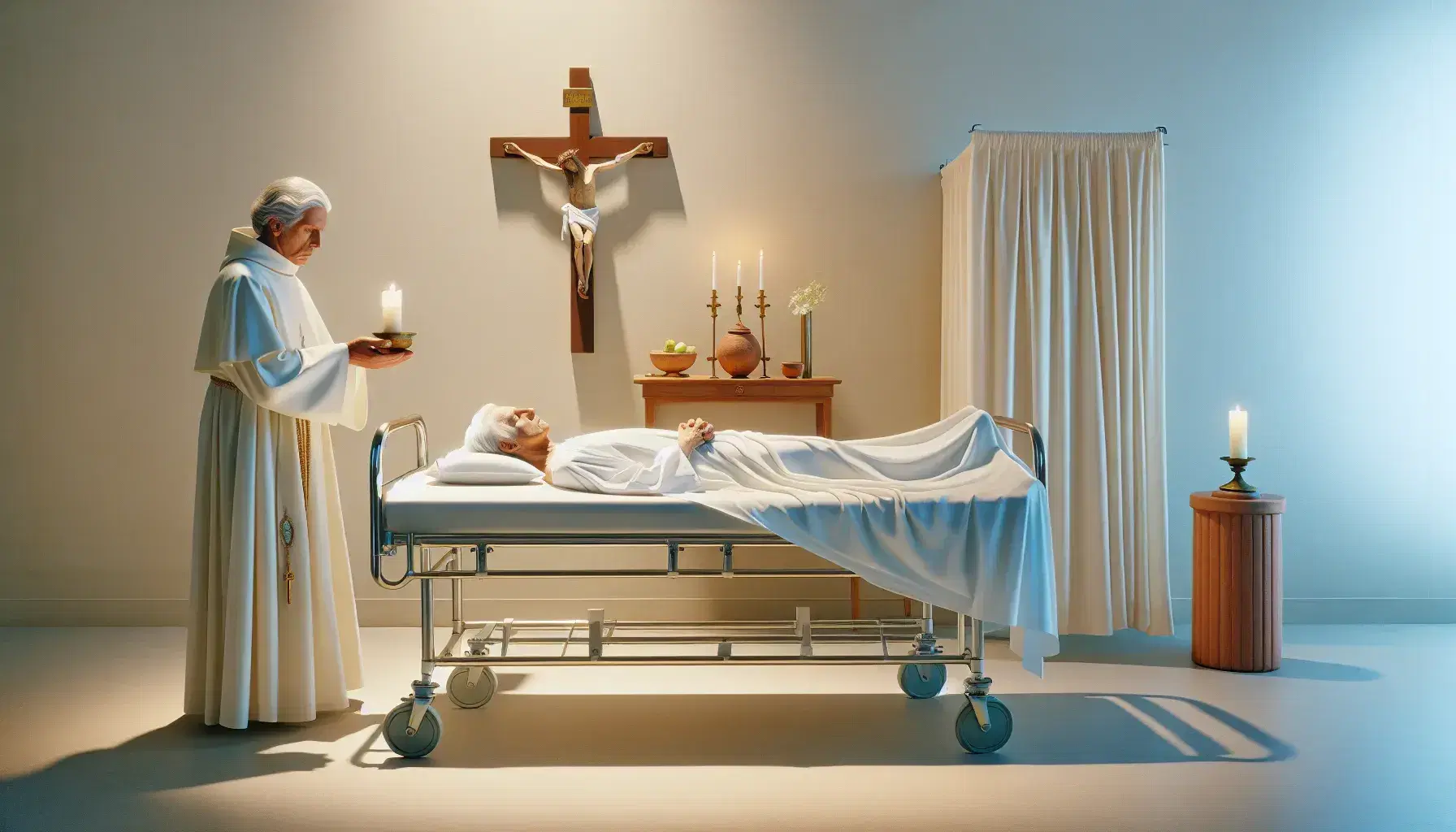 Habitación hospitalaria con paciente anciano en cama y figura en bata blanca con estola púrpura bendiciendo, junto a mesa con crucifijo y vela encendida.