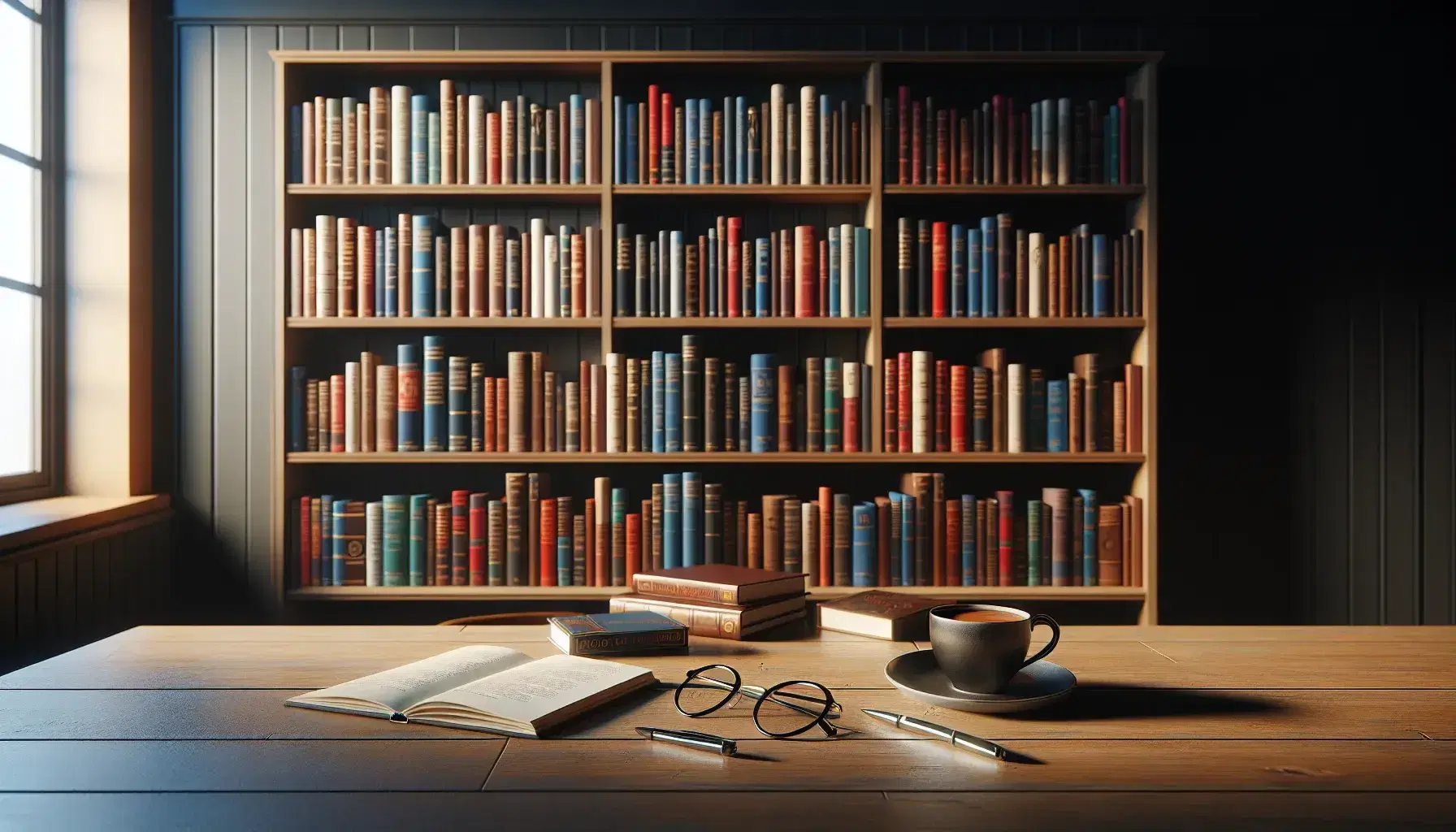 Estantería de madera oscura con libros de colores variados, mesa con taza de café, gafas y cuaderno abierto iluminados por luz natural.