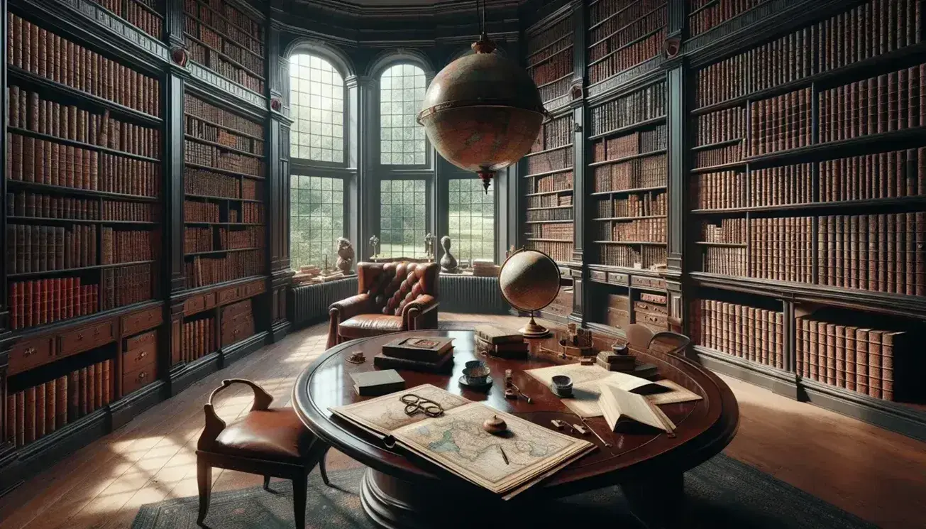 Biblioteca antica con scaffali in legno scuro pieni di libri rilegati, tavolo ovale con mappe, lampada pendente, finestra con vista giardino.