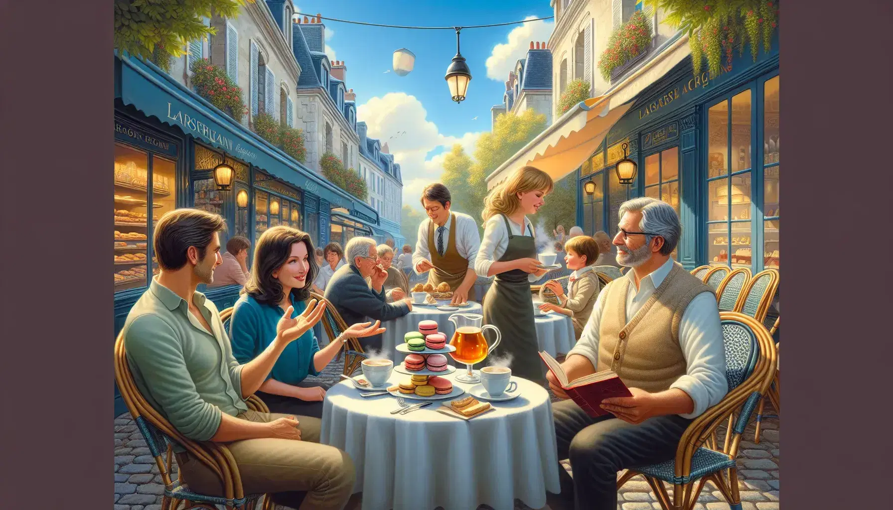 Diverse patrons enjoy a sunny day at a French café, with lively conversation, book reading, and a child stacking colorful macarons.