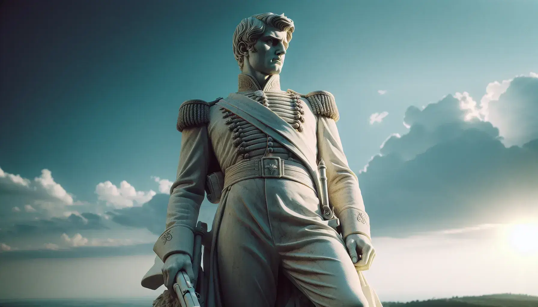 Statua in marmo bianco di figura militare del Risorgimento italiano, con giacca, pantaloni lunghi e stivali, impugna un fucile.
