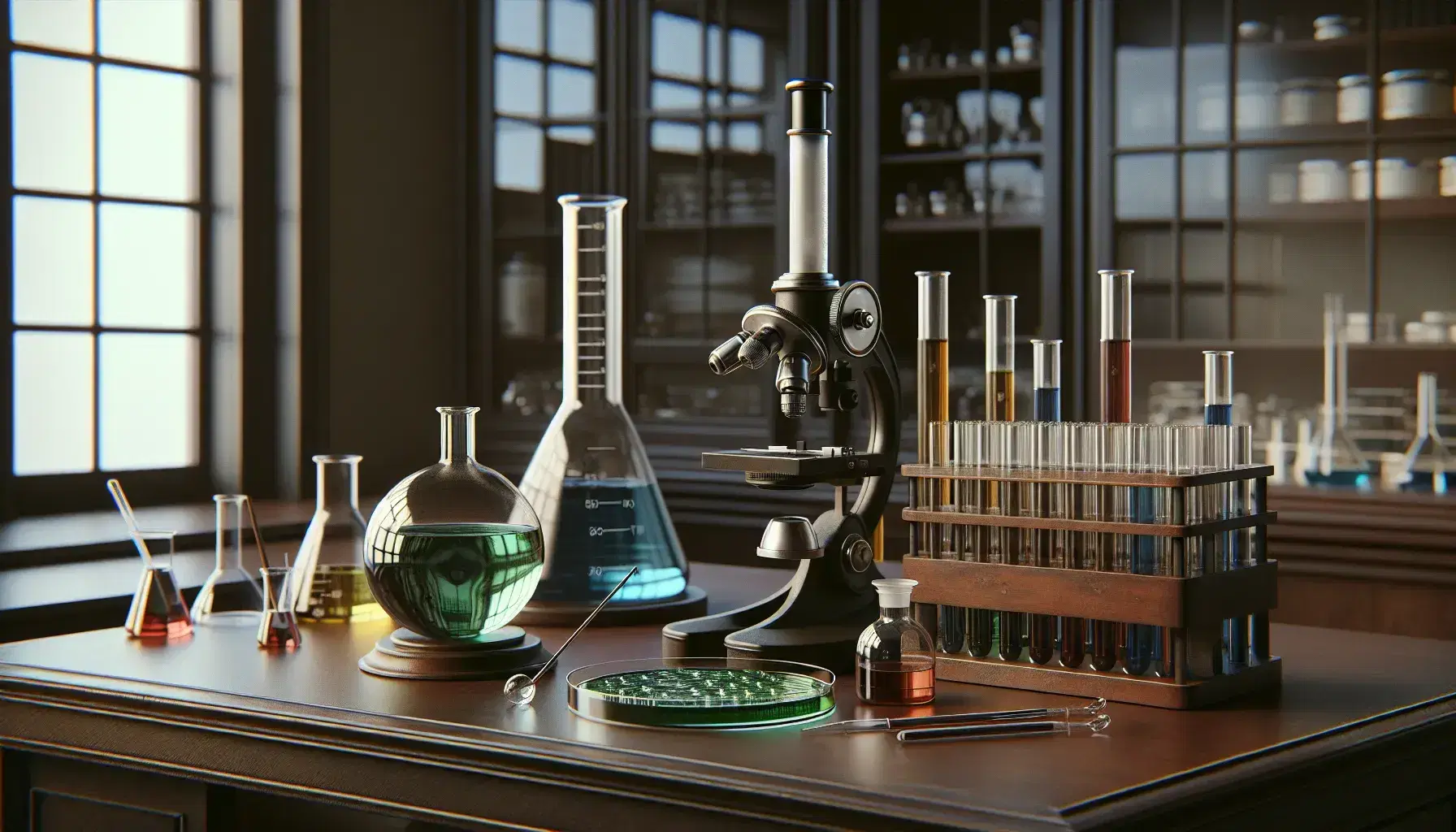 Science laboratory with wooden table, colored test tubes, microscope, petri dish with green substance and window to blue sky.