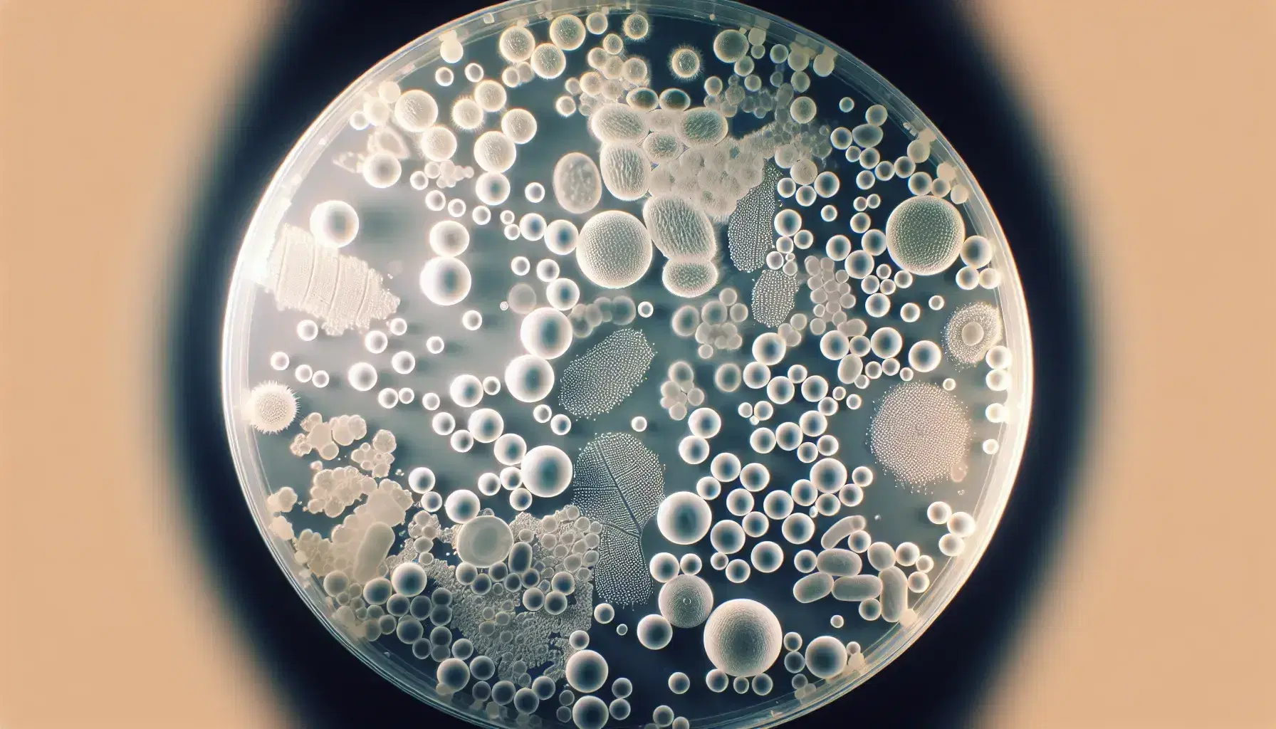Vista microscópica de colonia bacteriana procarionte en medio de cultivo agar, con células esféricas y alargadas en tonos de blanco a verde claro.