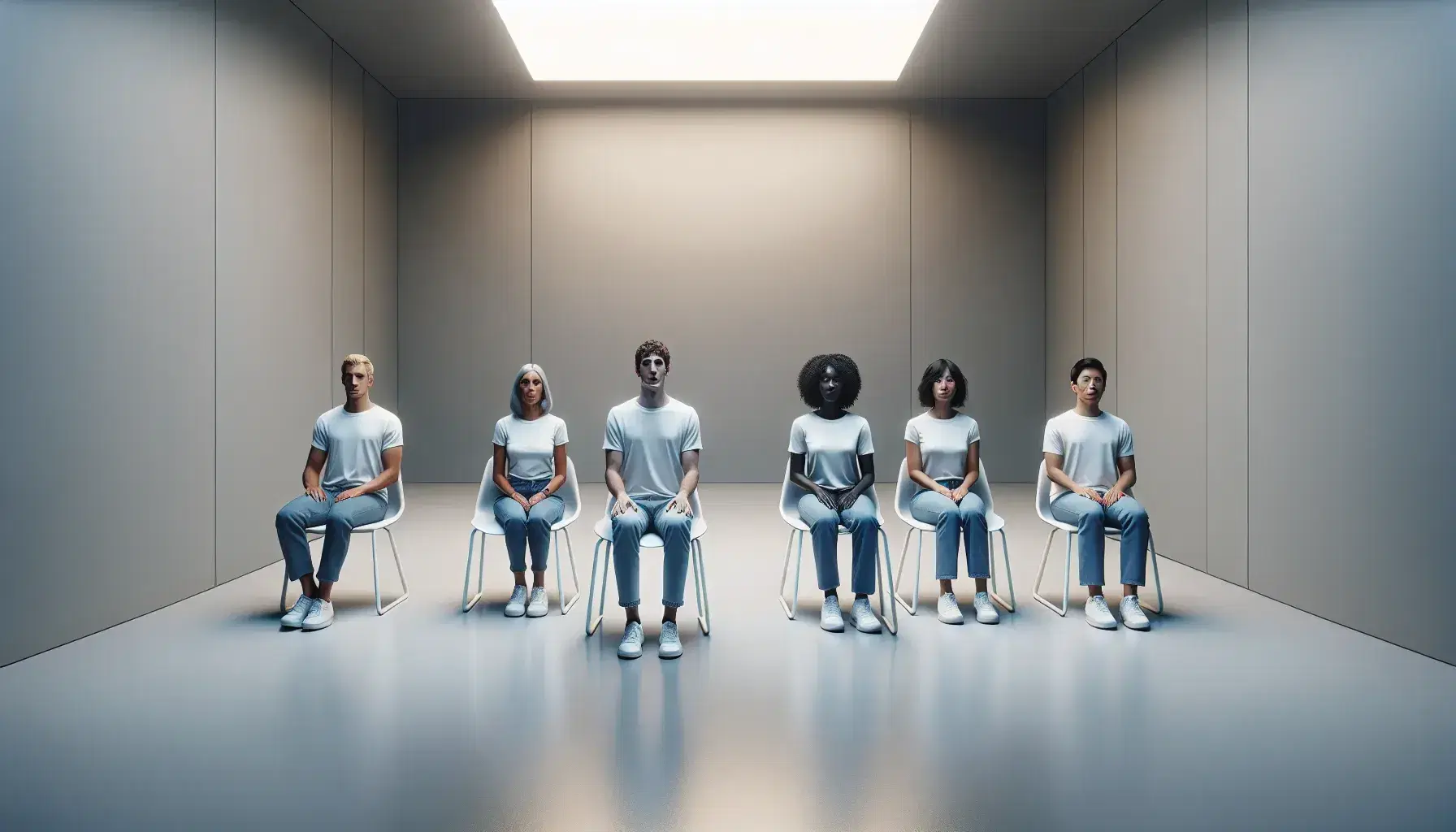 Five people sitting in a semi-circle on white chairs in a neutral room, with one individual standing in the center, all wearing white t-shirts and blue jeans.