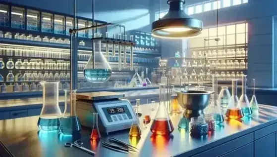 Laboratorio scientifico moderno con provette e becher su banco di lavoro, bilancia digitale e contenitori su scaffali, ambiente luminoso.