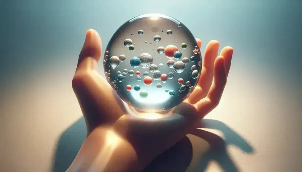Mano umana aperta regge sfera trasparente con liquido e sfere colorate fluttuanti, simboleggianti ioni o molecole, su sfondo neutro.
