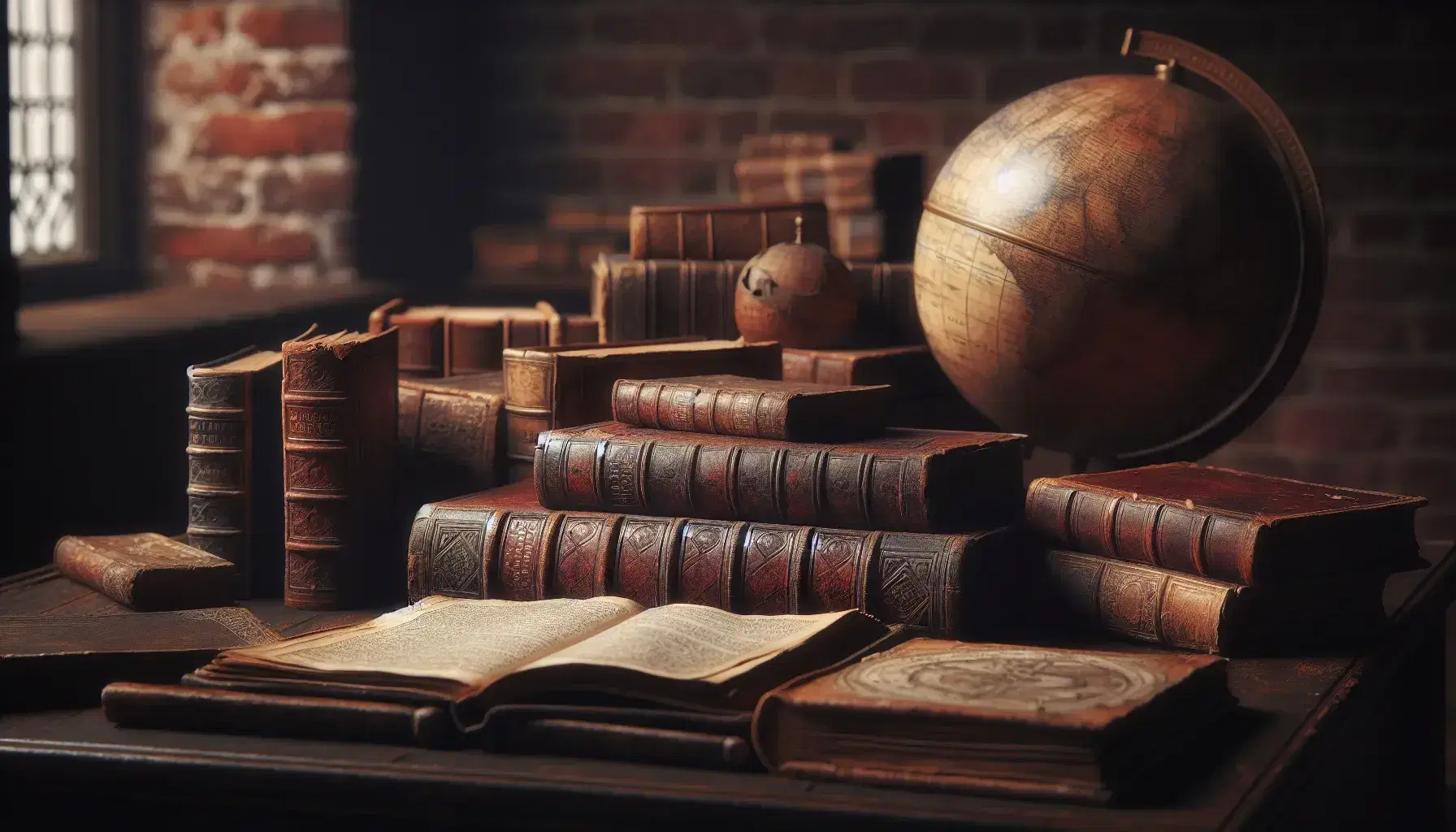 Mucchio disordinato di antichi libri in pelle e pagine ingiallite su sfondo di mappamondo antico e parete in mattoni rossi.