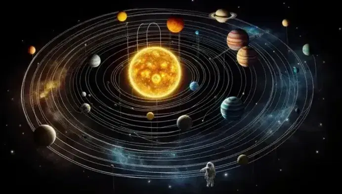 Cielo stellato con modello tridimensionale di sistema solare, sole giallo-arancio e pianeti colorati su orbite ellittiche, astronauta in primo piano.