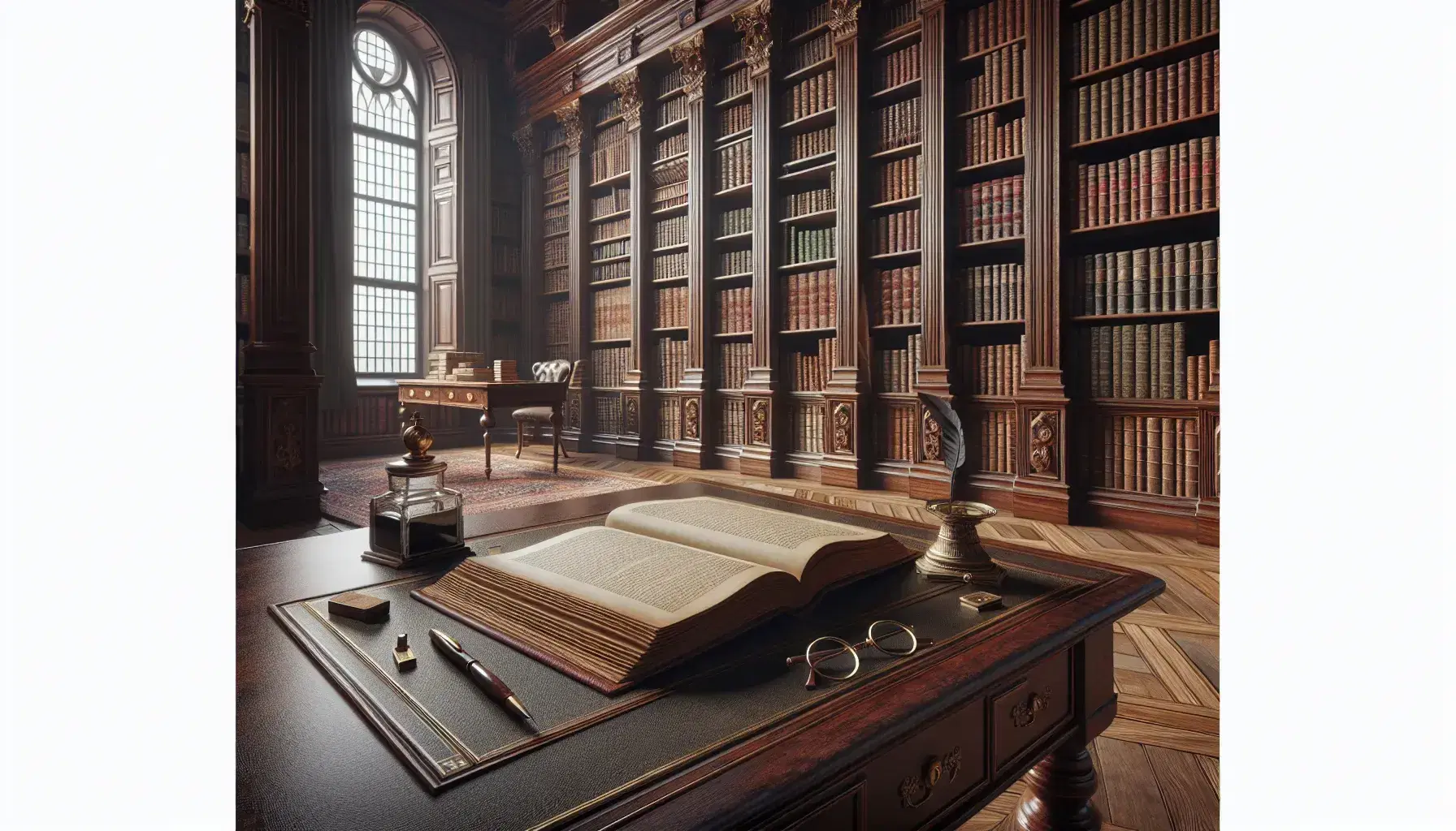 Classic European library with mahogany table, open book, gold-rimmed spectacles, brass quill pen, inkwell, and shelves of leather-bound books.