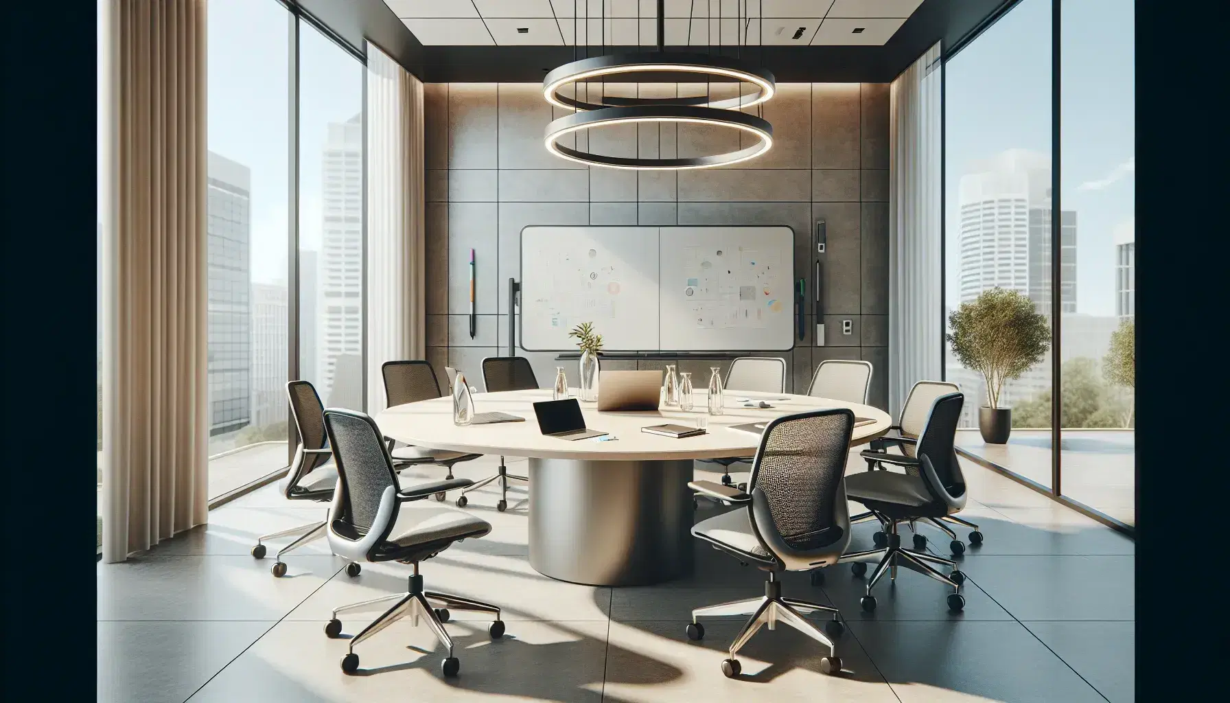 Sala de reuniones moderna con mesa ovalada, sillas ergonómicas, laptop, móvil, tablet, botella de agua y vasos, pizarra blanca y planta, con amplia ventana.