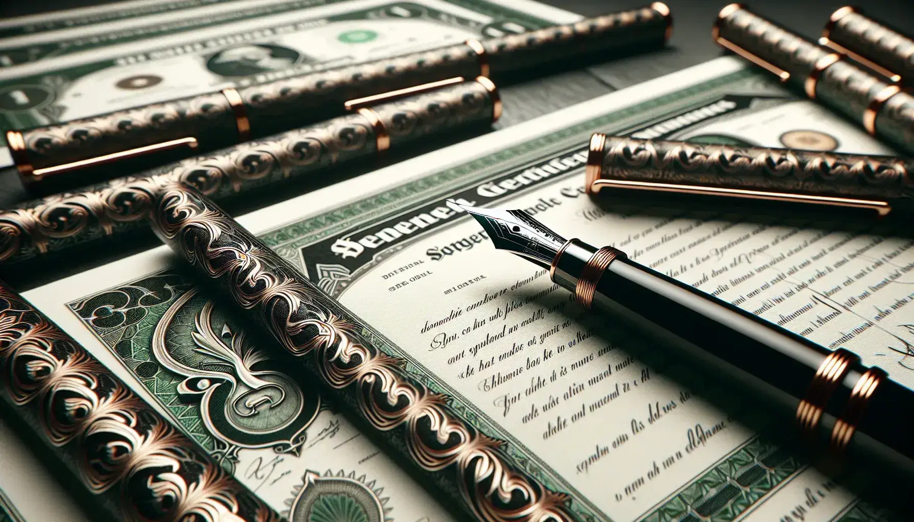 Stacked bond certificates with embossed ornate borders and a glossy black fountain pen with a silver nib on top, against a soft beige backdrop.