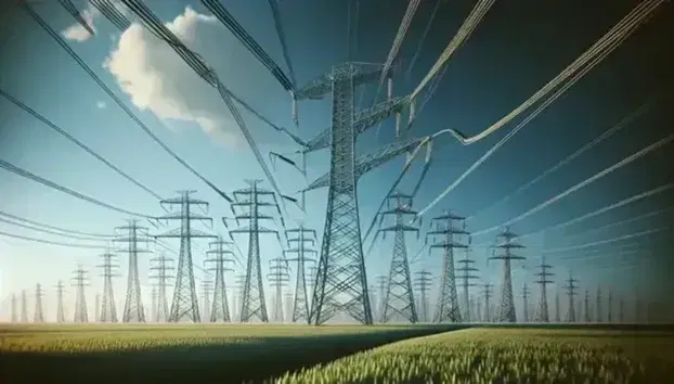 Torres de transmisión eléctrica de acero se elevan bajo un cielo azul claro con cables negros y un campo verde en primer plano.