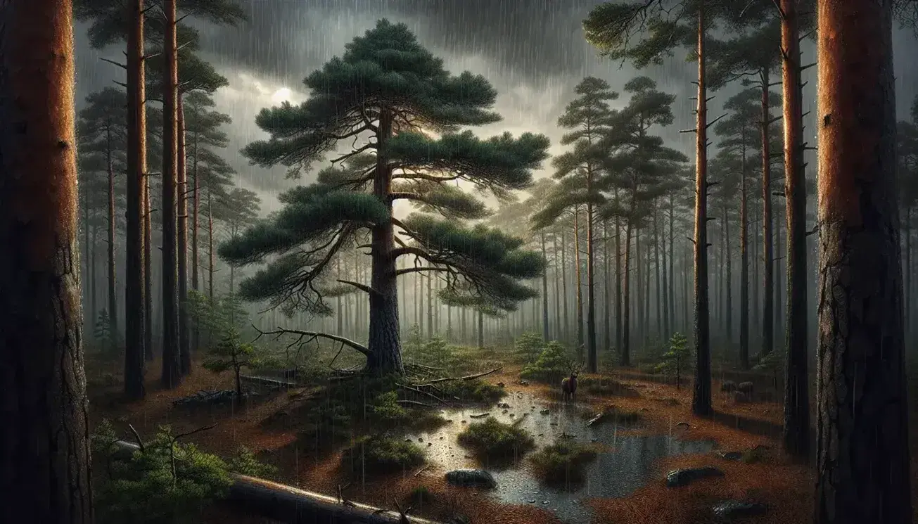 Foresta di pini sotto pioggia con grande albero al centro, terreno umido e riflessi d'acqua, cervi riparati sotto i rami.