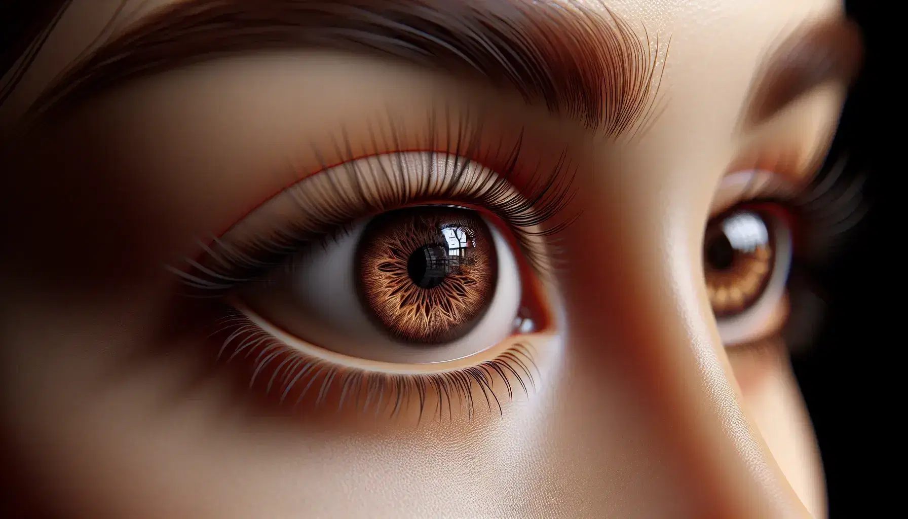 Close-up view of deep brown human eyes with detailed iris patterns, clear sclera, curled eyelashes, and naturally arched dark eyebrows.
