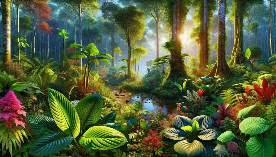 Bosque denso con variedad de plantas verdes, árboles altos, flores coloridas y un arroyo sereno bajo un cielo azul claro.