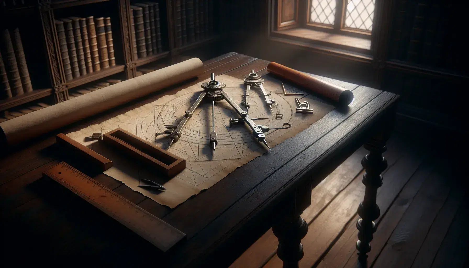 Estudio antiguo de matemáticas con mesa de madera oscura, herramientas de dibujo geométrico, papel de pergamino y estantería llena de libros bajo luz natural.