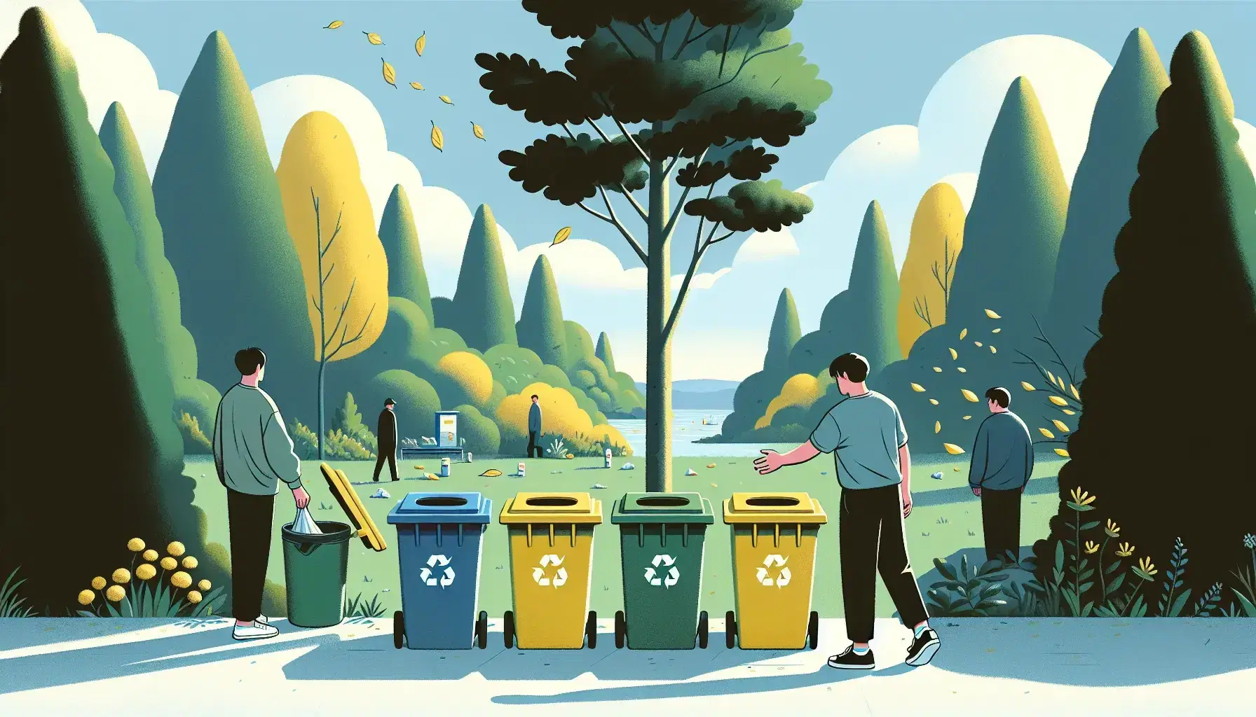 Contenedores de reciclaje de colores azul, amarillo y verde alineados al aire libre con persona depositando residuos y paisaje natural de fondo.