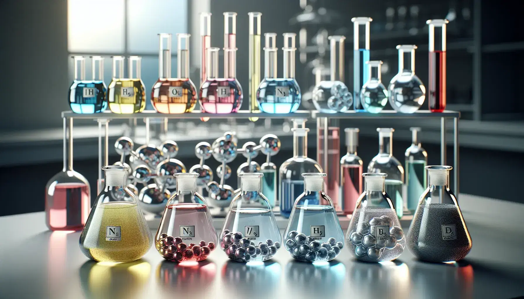 Glass avenues with colored substances of pnictogens in the laboratory: pale yellow gas, red liquid, colorless crystals, metallic gray solid and silvery metal.