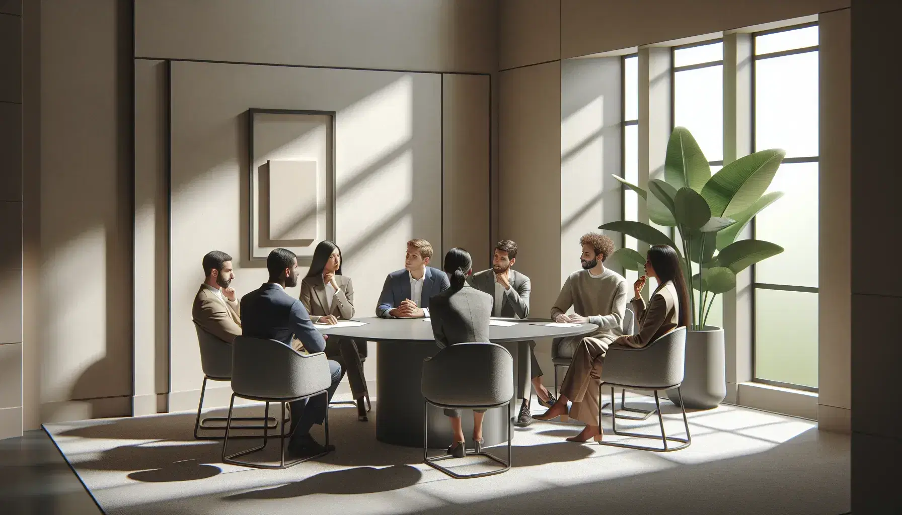 Multicultural group of six people meeting around a round table in a naturally lit conference room with green plant.