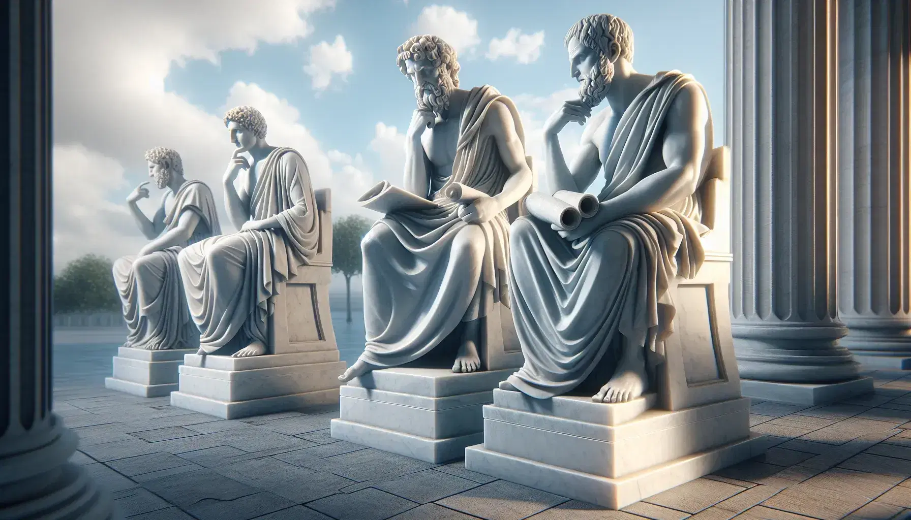 Tres estatuas de mármol blanco de filósofos griegos antiguos en poses reflexivas, bajo un cielo azul claro con nubes dispersas y rodeadas de vegetación.