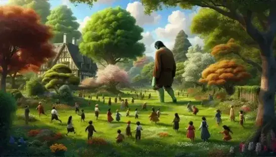 Jardín exuberante con gigante de espaldas en tonos tierra extendiendo mano a niños juguetones, árboles frondosos, flores coloridas y casa antigua al fondo bajo cielo azul.