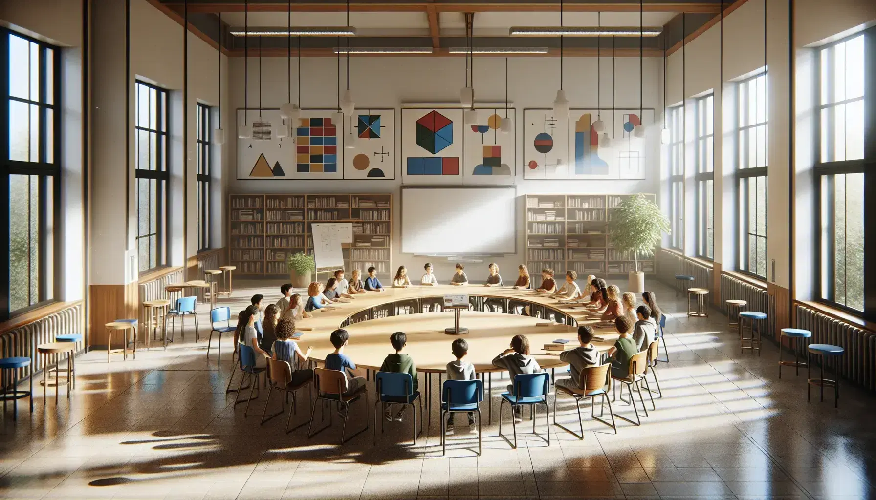 Aula luminosa con estudiantes diversos sentados alrededor de una mesa redonda, discutiendo activamente, rodeados de ventanas grandes, pósteres abstractos y una estantería llena de libros.