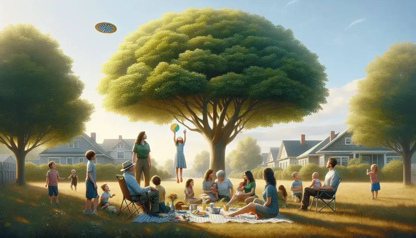 Familia disfrutando de un día soleado en el parque con árbol frondoso, adulto mayor sentado, niña de pie, jóvenes con bebé y adolescentes jugando con disco volador.