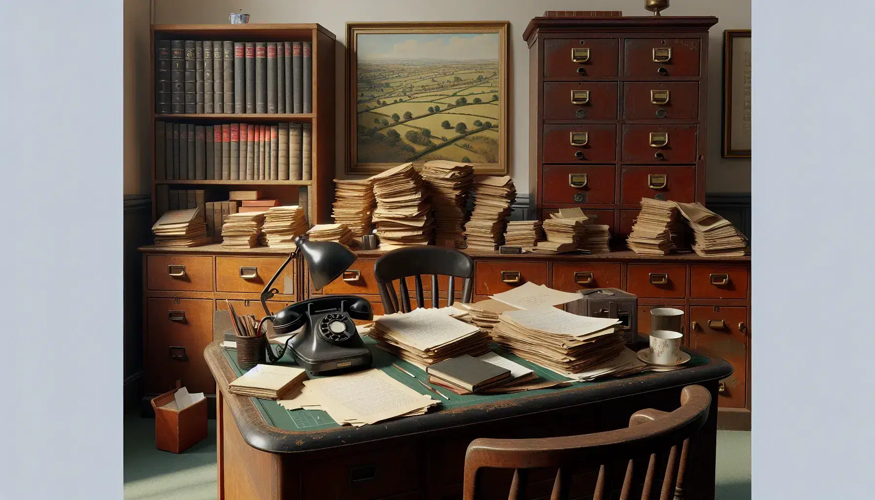 Vintage academic office with a wooden desk, rotary phone, overflowing bookshelf, and a leather armchair beside an ashtray and tobacco tin, under warm lighting.