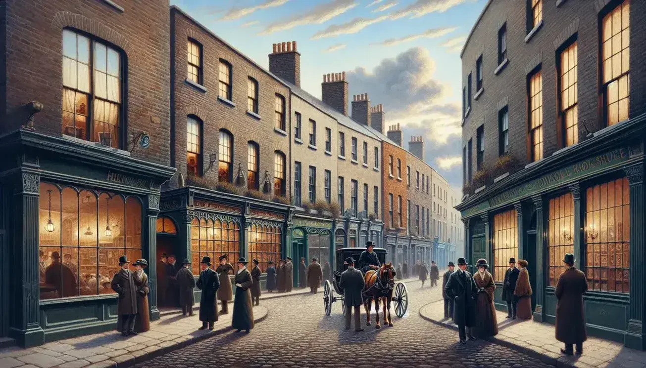 Early 20th-century Dublin street scene with Edwardian buildings, bustling crowd in period attire, horse-drawn carriage, and approaching tram.