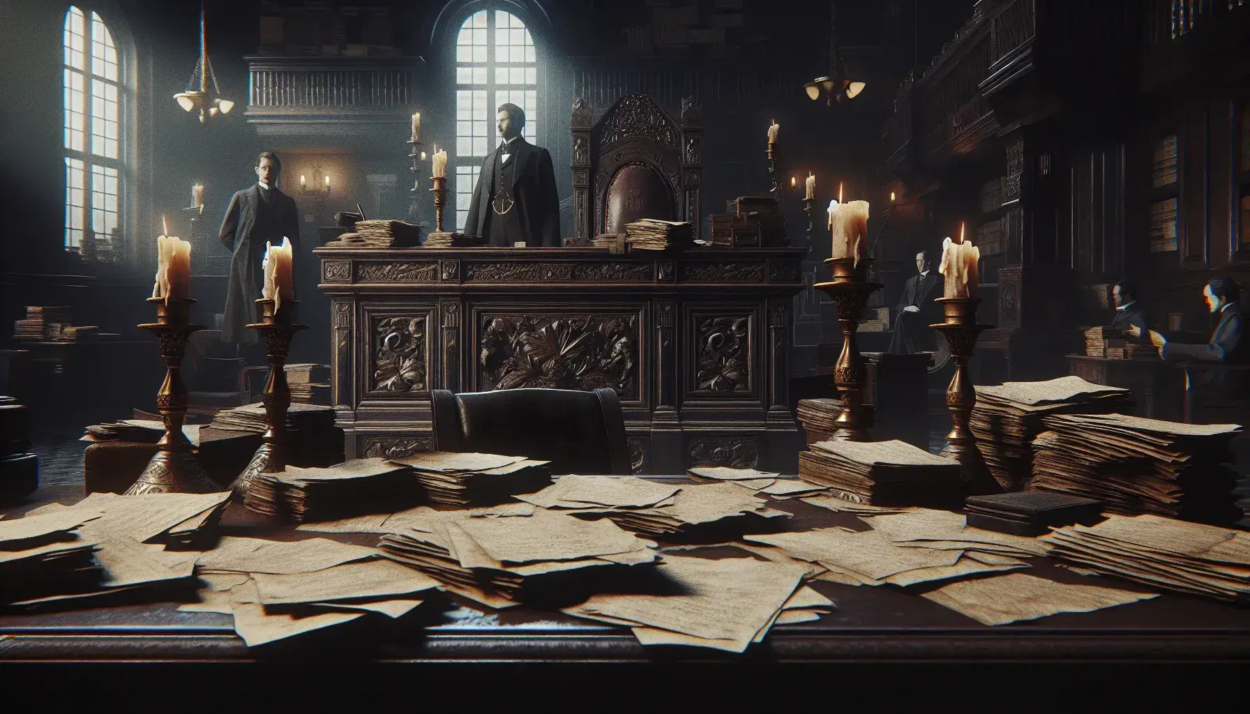 Dimly lit 19th-century Victorian courtroom with a large wooden desk, ornate chair, brass candlesticks, and two figures in period attire.