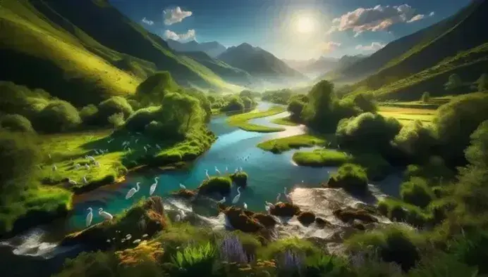 Paisaje natural con río serpenteante, vegetación densa, montañas al fondo, cielo azul y fauna como aves acuáticas y un ciervo bebiendo agua.