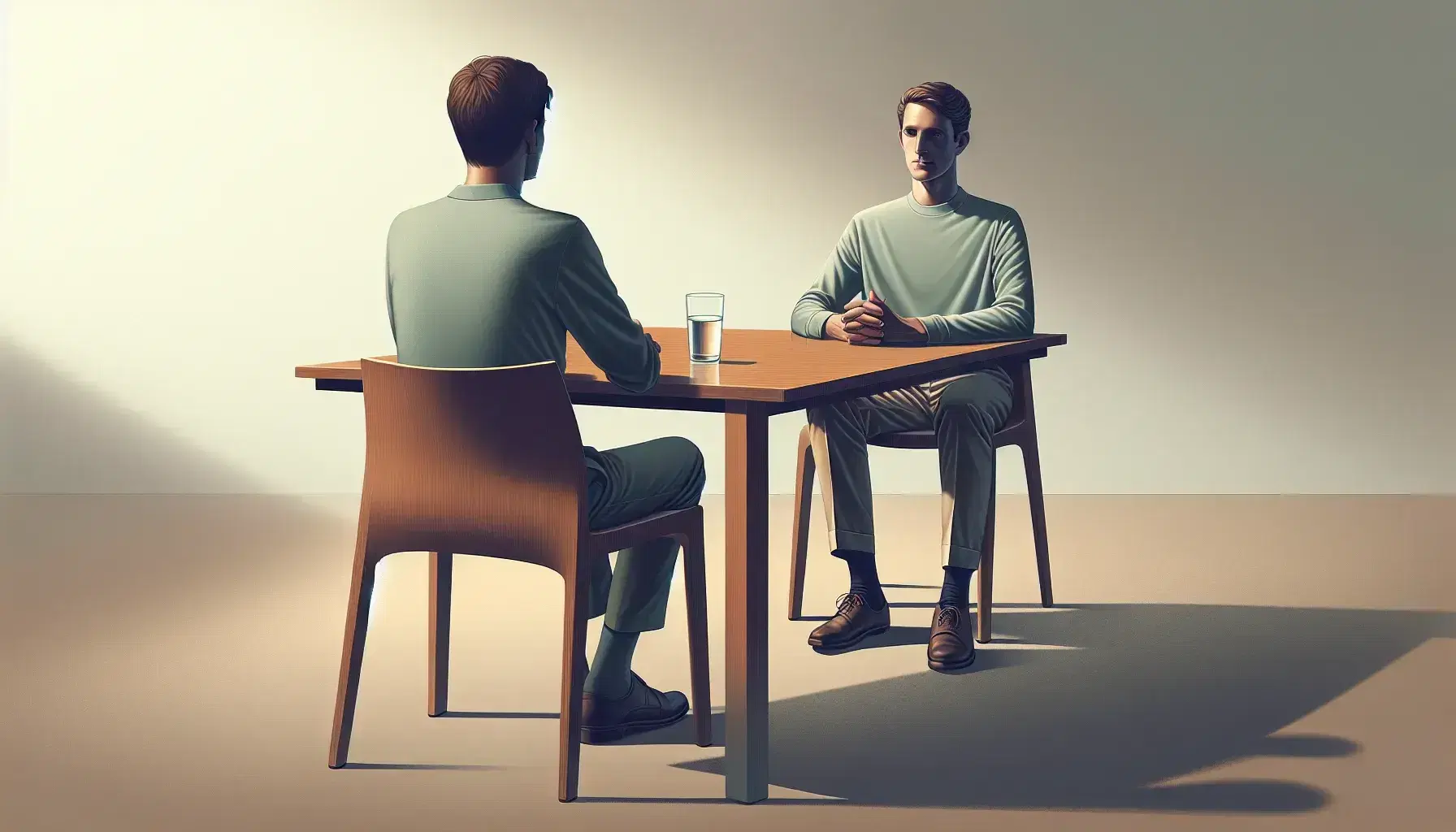 Two people sitting at a wooden table during an interview in a neutral colored room, with a glass of water between them.