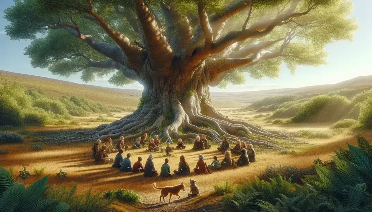 Árbol antiguo con tronco retorcido y raíces extensas en un paisaje natural, con personas y un perro sentados en círculo bajo su sombra.