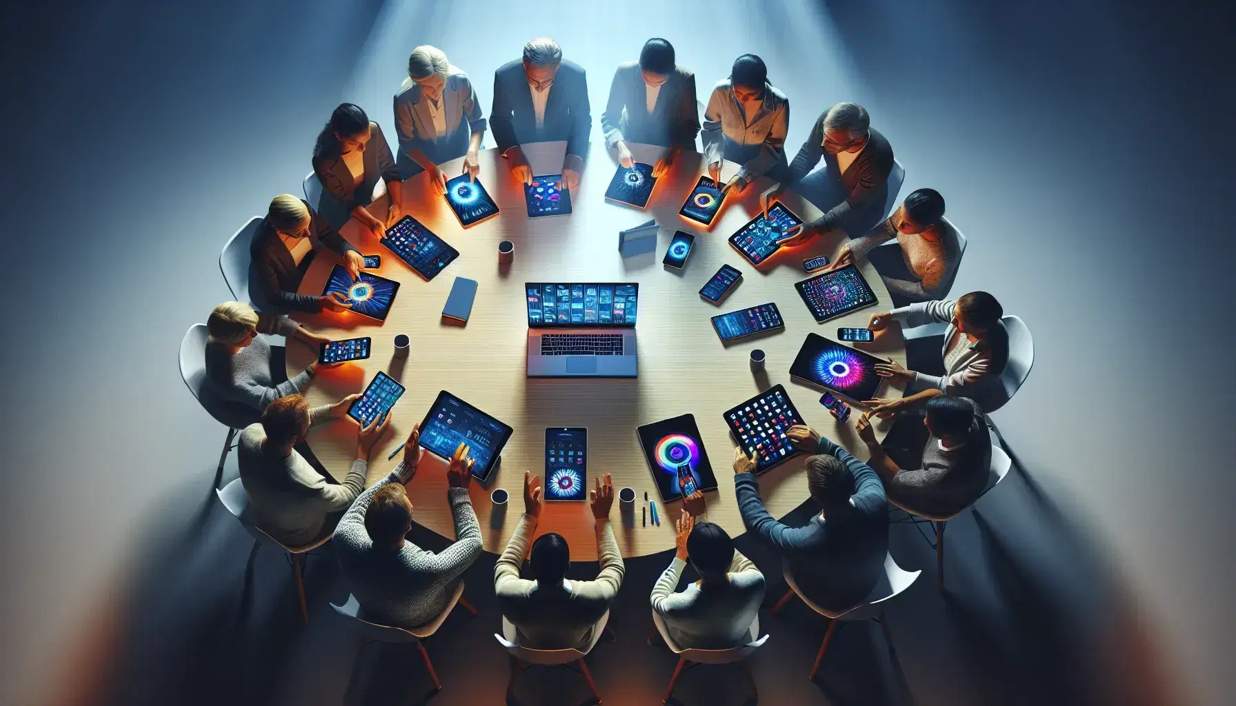 Grupo diverso de personas interactuando con dispositivos electrónicos en una mesa redonda bajo iluminación suave.