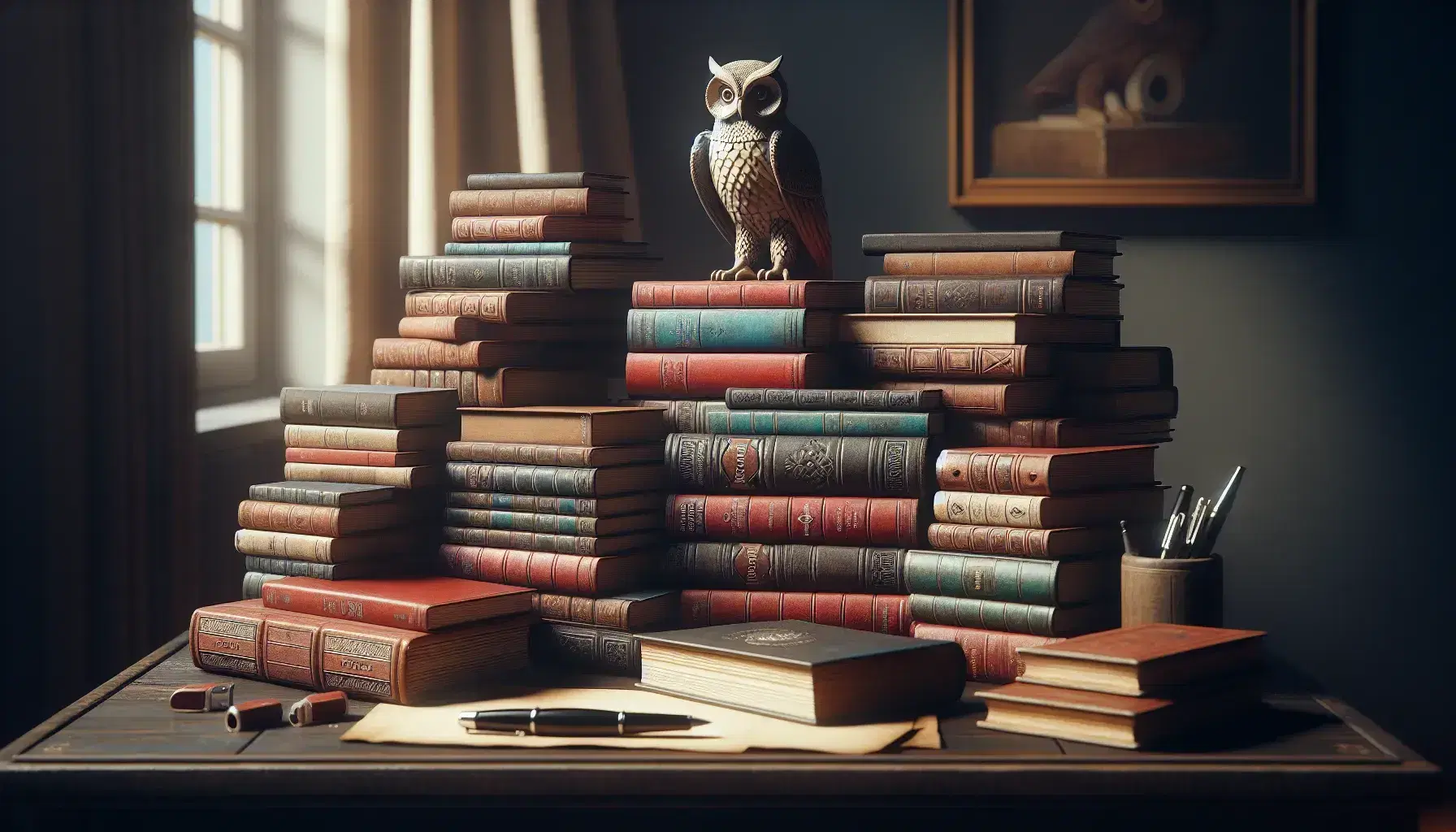 Libri colorati impilati in modo disordinato su un tavolo di legno scuro con statuetta di gufo grigio e penna stilografica nera accanto.
