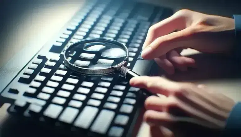 Close-up of a hand holding a magnifying glass over a computer keyboard, magnified black keys with no visible symbols.