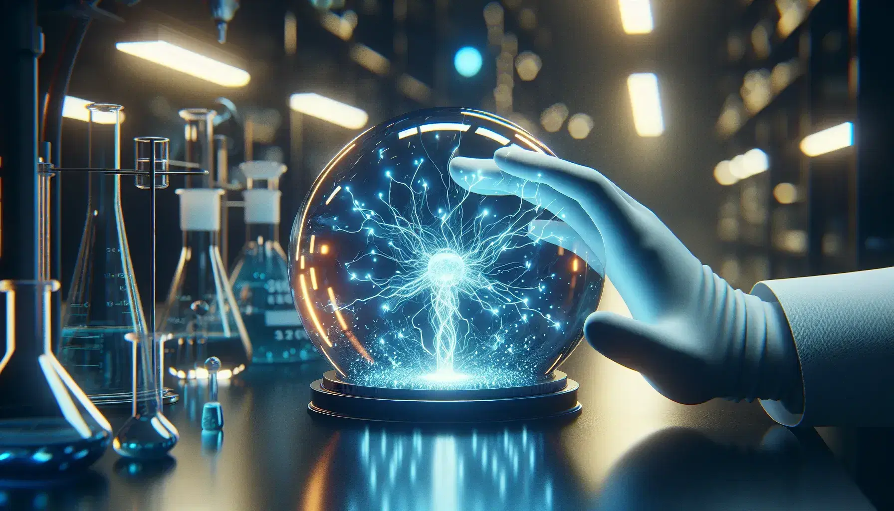 Globo di vetro con scintille blu in laboratorio scientifico, mano guantata interagisce con l'elettricità statica, sfondo sfocato con strumenti di laboratorio.